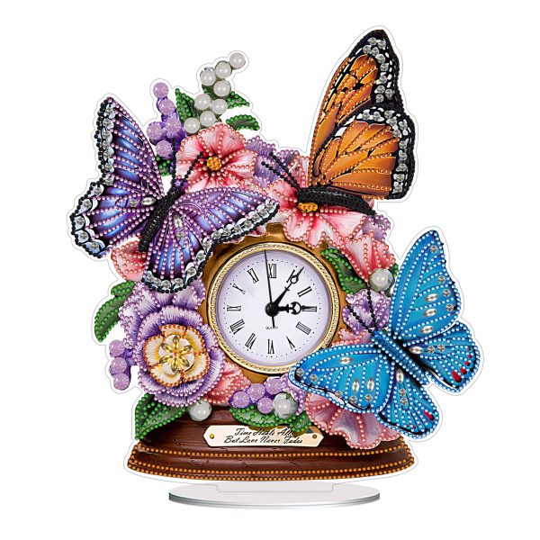 5D DIY Special Shape Diamond Painting Desk Ornament Handmade Clock Kit(Flower Butterfly)